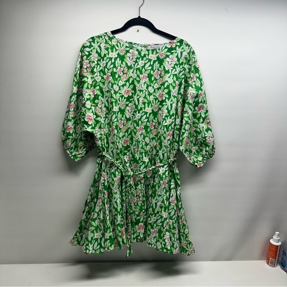 French violet boutique balloons sleeves Floral Green and Pink mini  Dress L - Picture 2 of 13